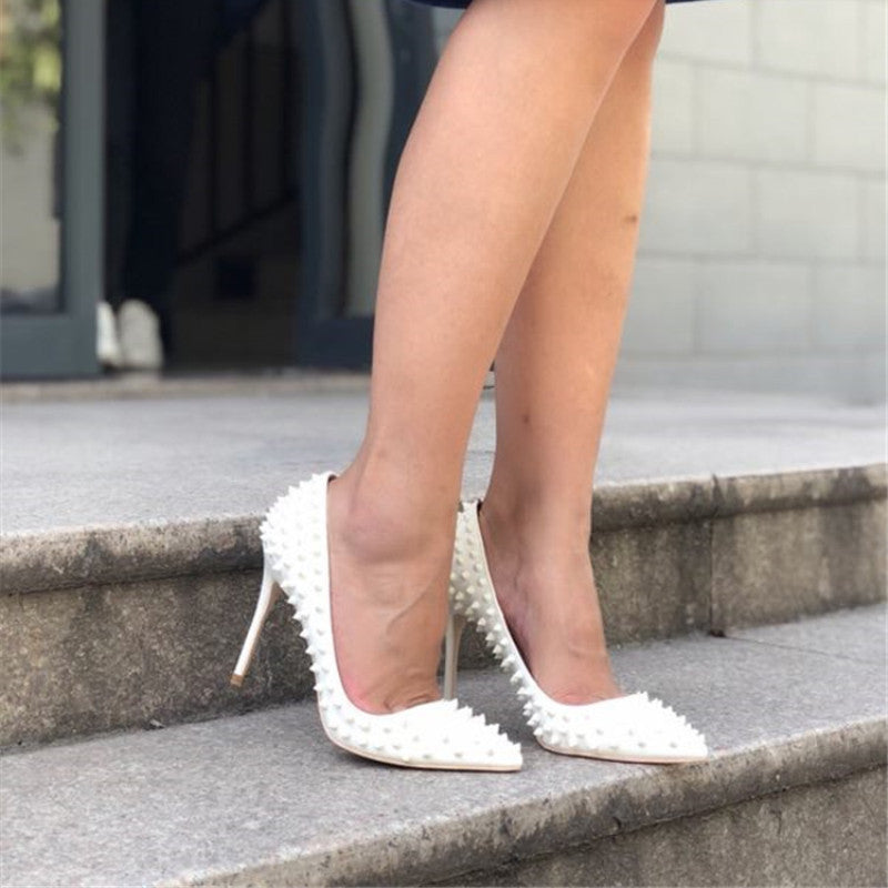 White Rivet High Heel Pumps – Pointed Toe Stiletto Shallow Court Shoes for Women