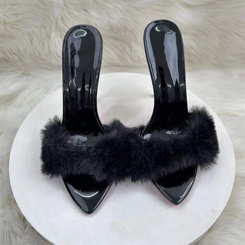 Black Faux Fur Slippers Pointed Toe Stiletto Open-Toe High Heel Sandals