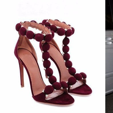 Women’s T-Strap Stiletto Sandals with Velvet Ball Studs & Spikes