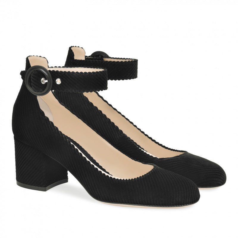 Women’s Black Corduroy Square Heel  Ankle Strap Shoes Medium Heel