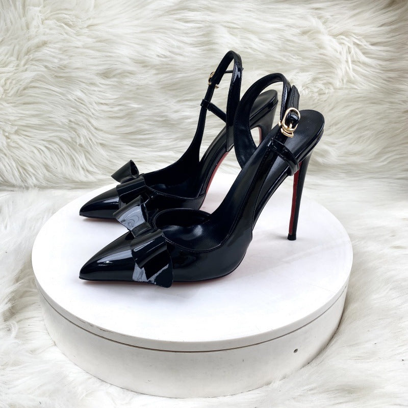 Women’s Black Bow Detail Sandals – Pointed Toe Stilettos with Ankle Buckle