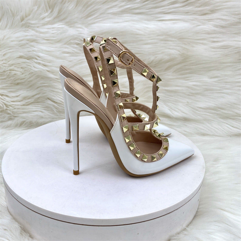 Rivet High Heel Sandals – Pointed Toe Stiletto Ankle Strap Sandals with O-Ring Buckle