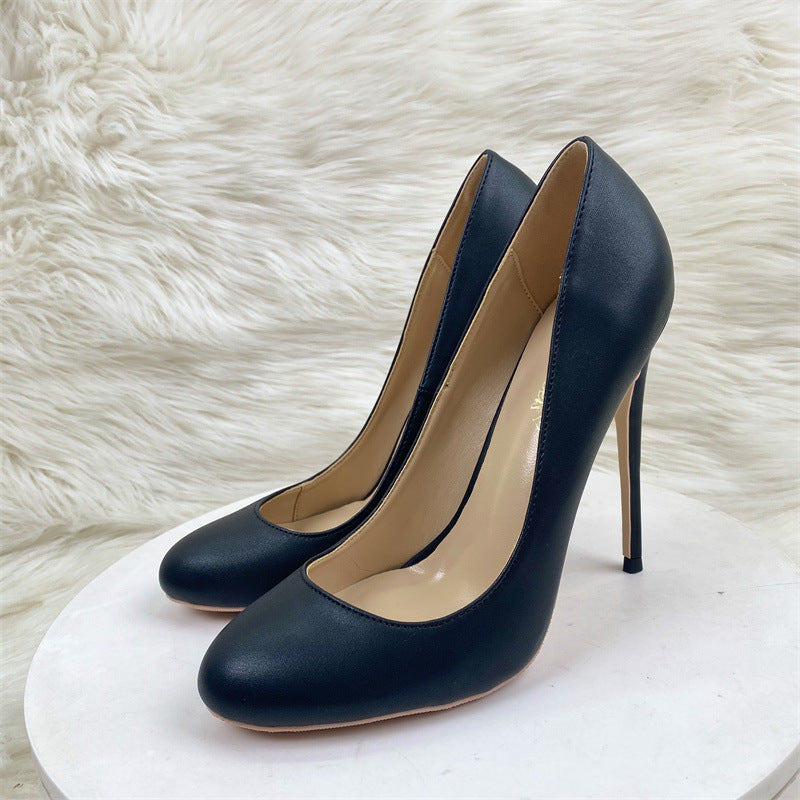 Black Matte Round Toe High Heels – Shallow Court Shoes for Women