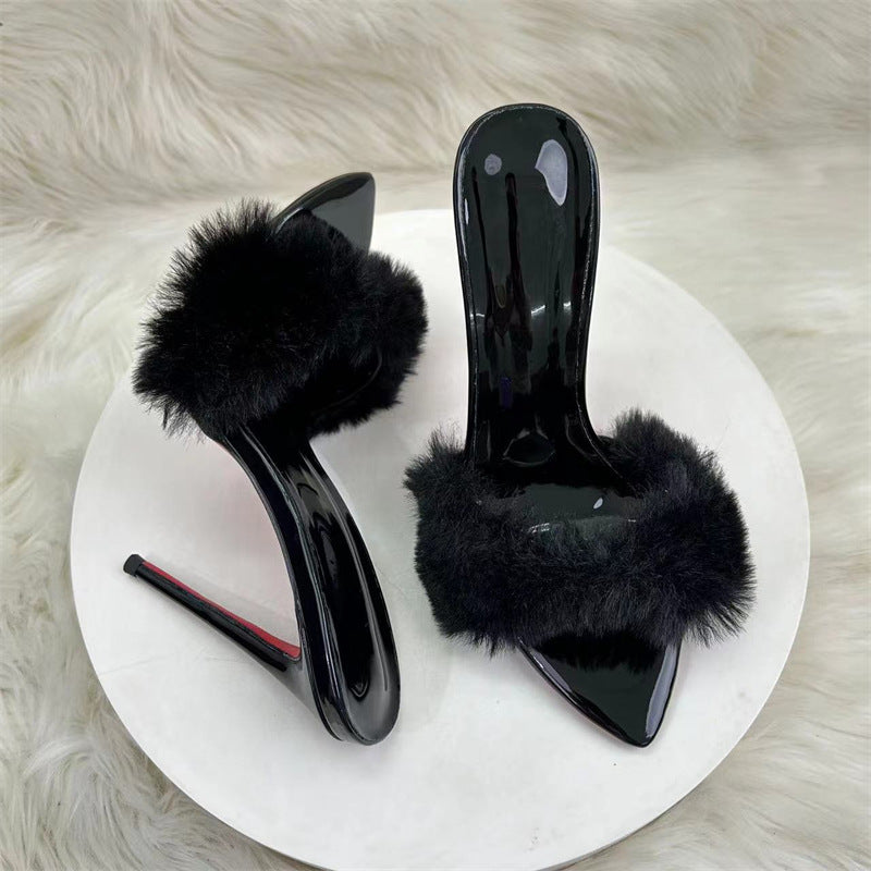 Black Faux Fur Slippers Pointed Toe Stiletto Open-Toe High Heel Sandals