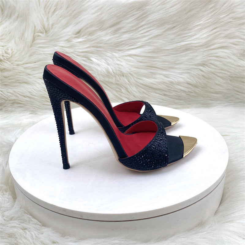 Fashion Rhinestone Stiletto Slippers – 12cm Black Pointed Toe Party Heels