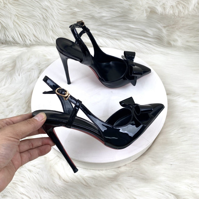 Women’s Black Bow Detail Sandals – Pointed Toe Stilettos with Ankle Buckle