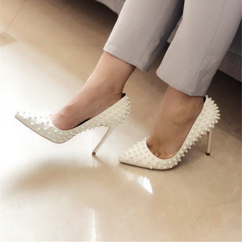 White Rivet High Heel Pumps – Pointed Toe Stiletto Shallow Court Shoes for Women