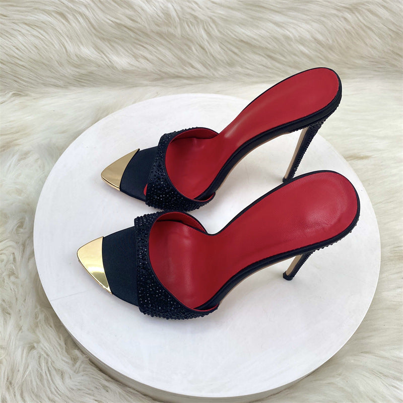 Fashion Rhinestone Stiletto Slippers – 12cm Black Pointed Toe Party Heels