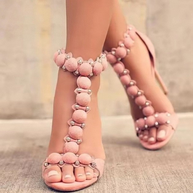 Women’s T-Strap Stiletto Sandals with Velvet Ball Studs & Spikes
