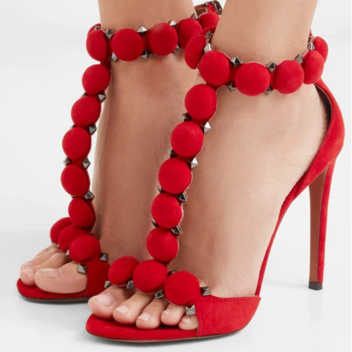 Women’s T-Strap Stiletto Sandals with Velvet Ball Studs & Spikes