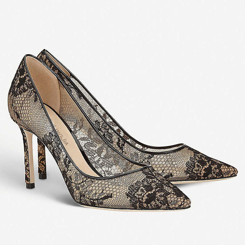 Women’s Black Lace Heels – Elegant Lace-Embellished High Heel Shoes for Events