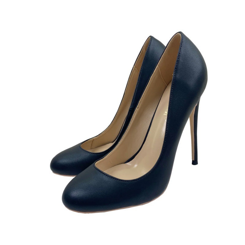 Black Matte Round Toe High Heels – Shallow Court Shoes for Women