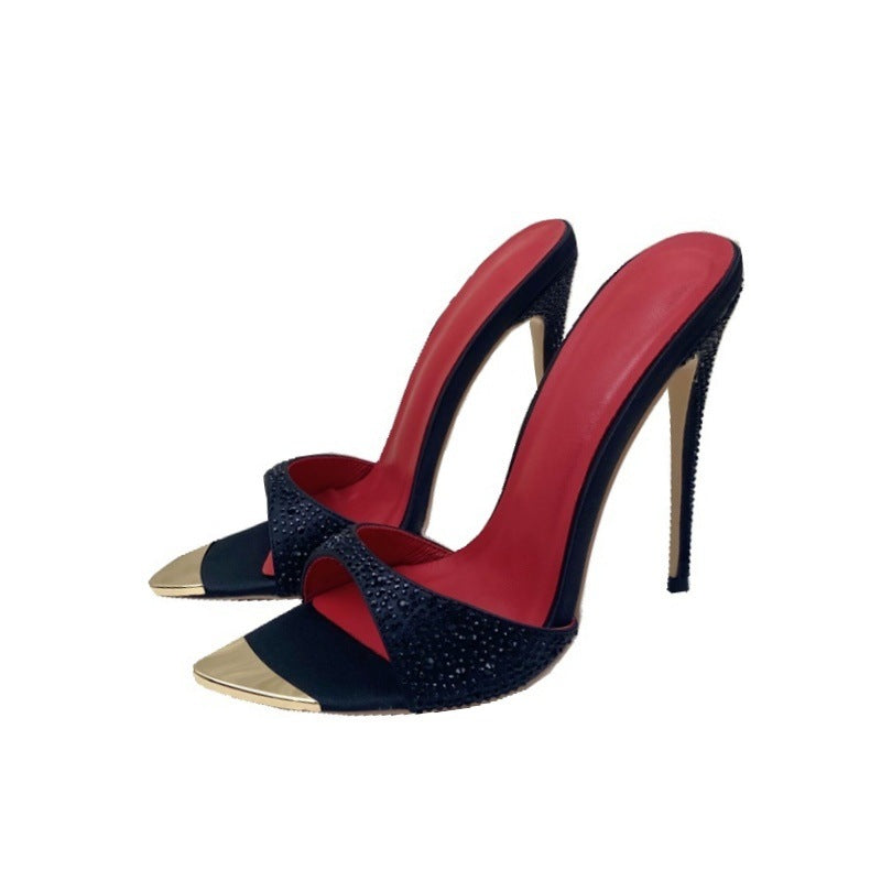 Fashion Rhinestone Stiletto Slippers – 12cm Black Pointed Toe Party Heels