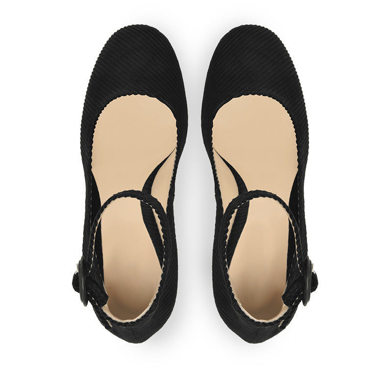 Women’s Black Corduroy Square Heel  Ankle Strap Shoes Medium Heel