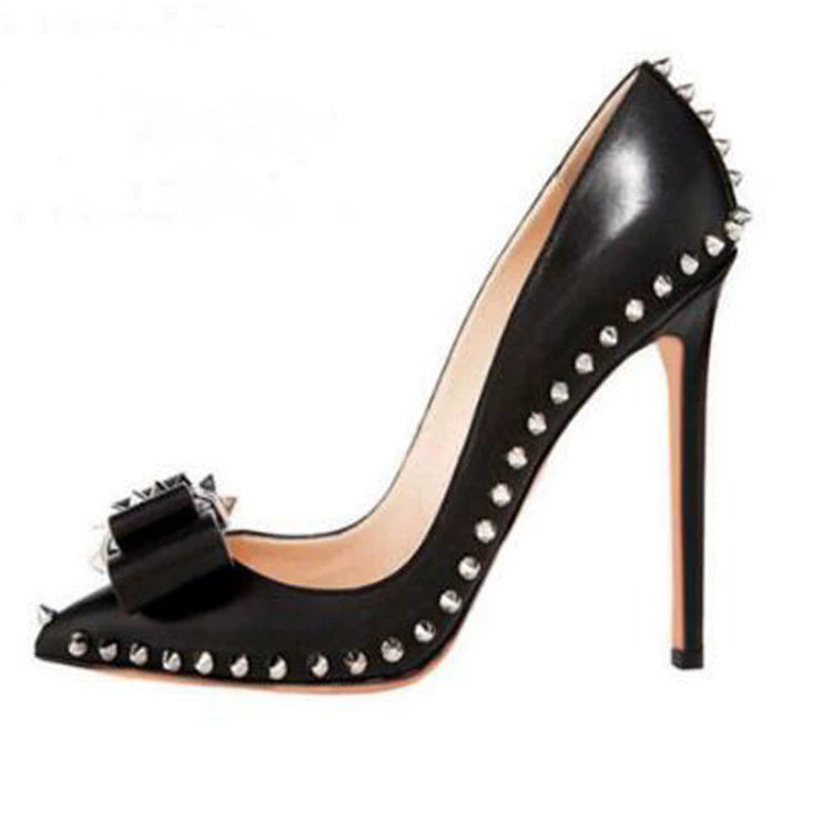 Women’s Metal Rivet Bow Stiletto Black High Heels