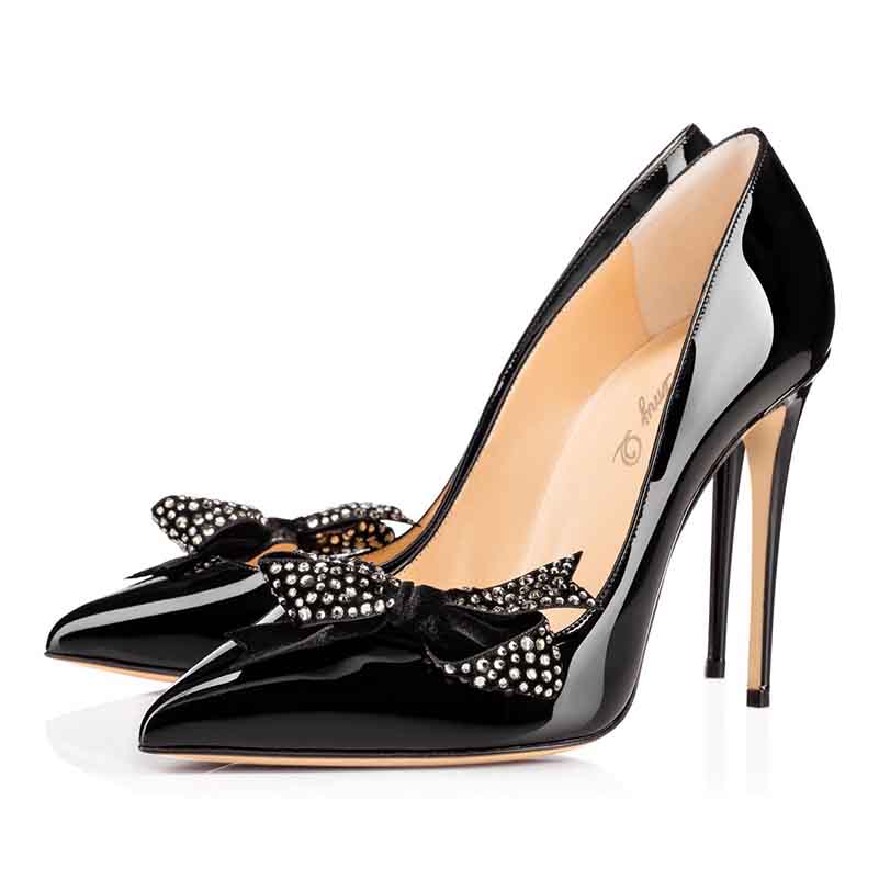 Pointed toe high heel pump with rhinestone bow embellishment