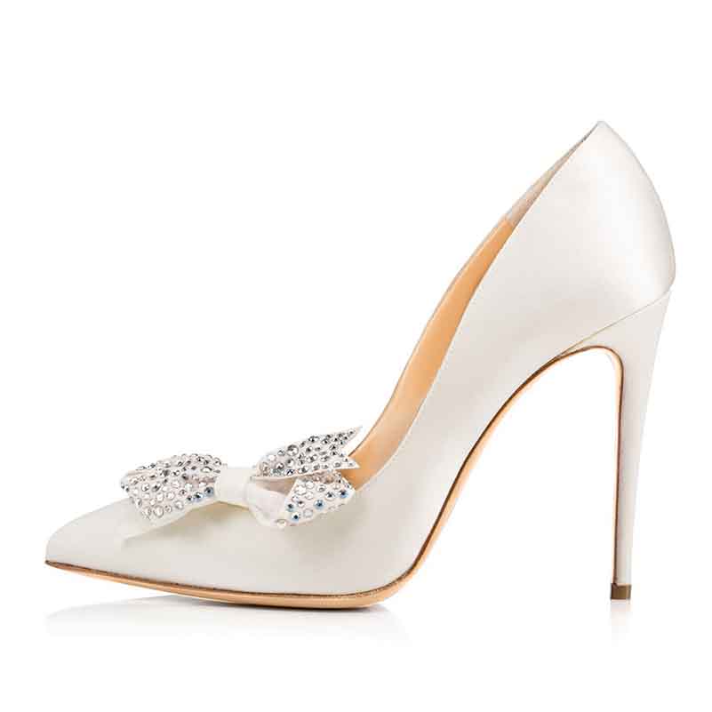 Pointed toe high heel pump with rhinestone bow embellishment