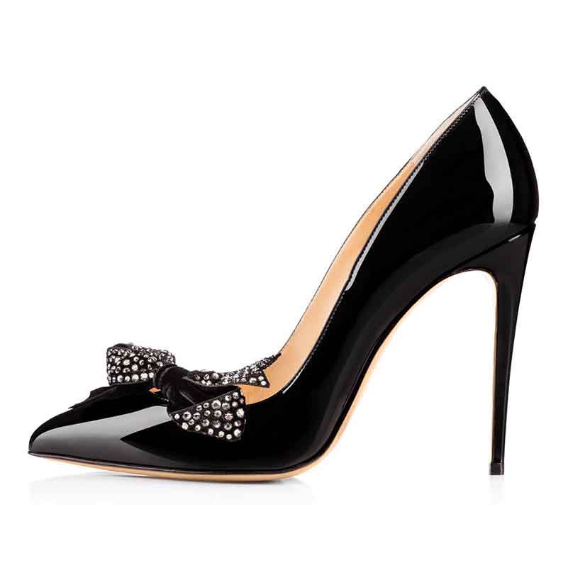 Pointed toe high heel pump with rhinestone bow embellishment