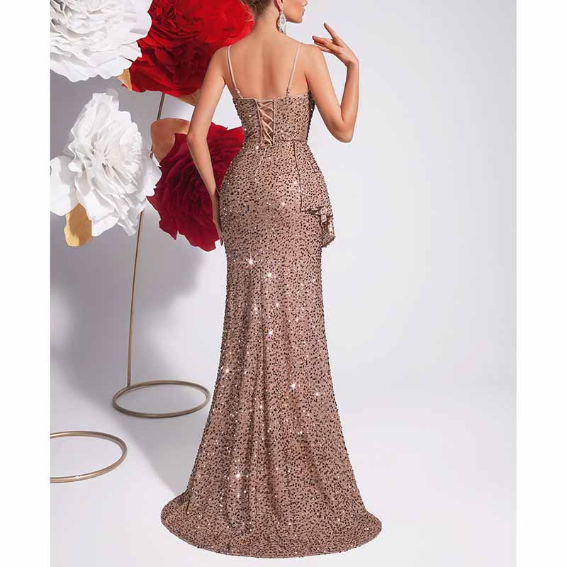 Gold Sequin Mermaid Dress | Spaghetti Strap Prom Gown