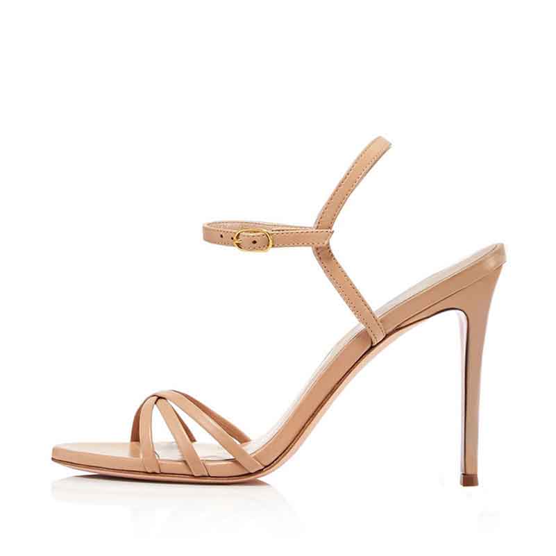 Womens Nude Color Strappy Heeled Sandals