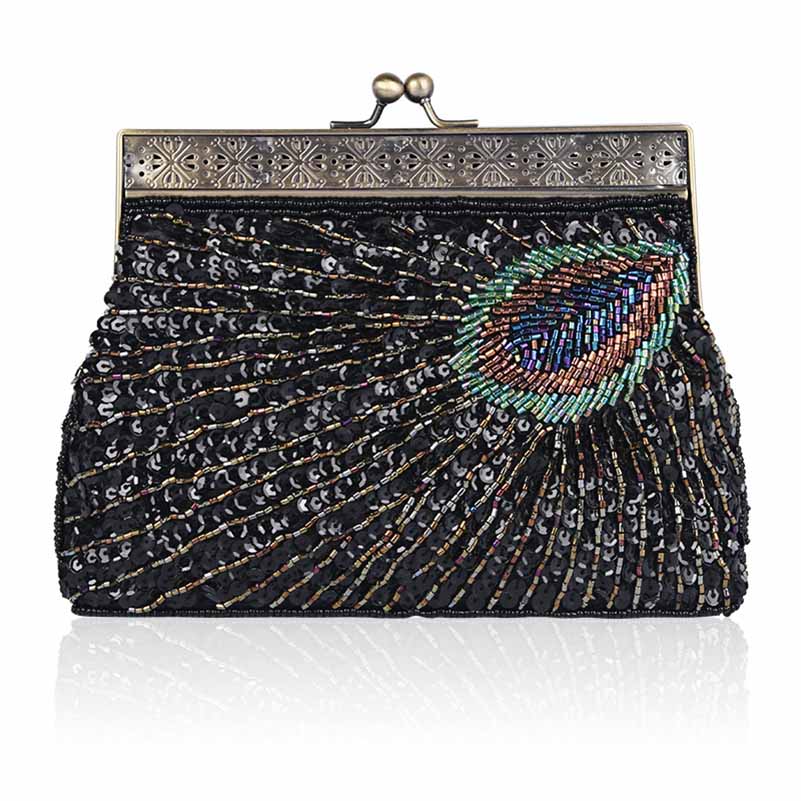Vintage Beaded Evening Clutch Purse – Wedding Party Prom Ball Handbag with Buckle Closure