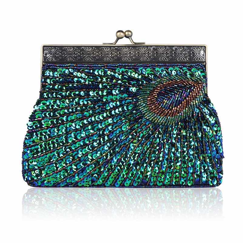 Vintage Beaded Evening Clutch Purse – Wedding Party Prom Ball Handbag with Buckle Closure