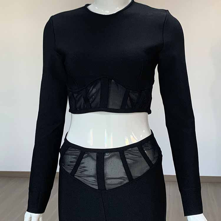Two-piece Black Bandage Set Long Sleeve Mesh Hollowed High Waist Pantsuit