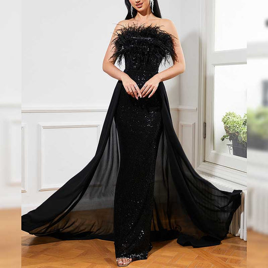Women's Off-the-Shoulder Prom Dress with Feather Sequin Dress Party Gowns