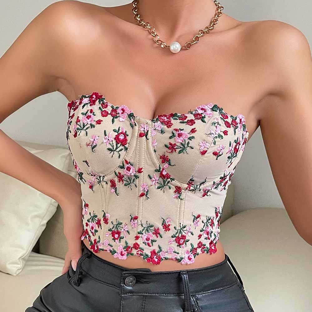 Lace Floral Embroidery Crop Top Trendy Busted Bra Top