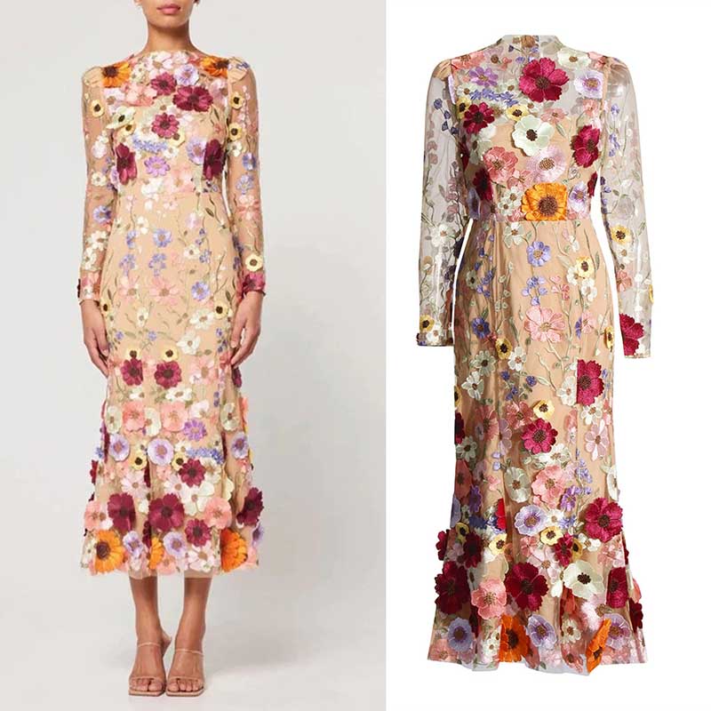 Long Sleeve Embroidered Wedding Guest Dress Floral Midi Dress