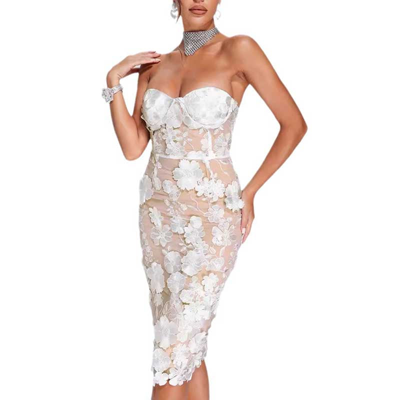 Bustier Wedding Guest Guest Embroidered White Party Midi Dress