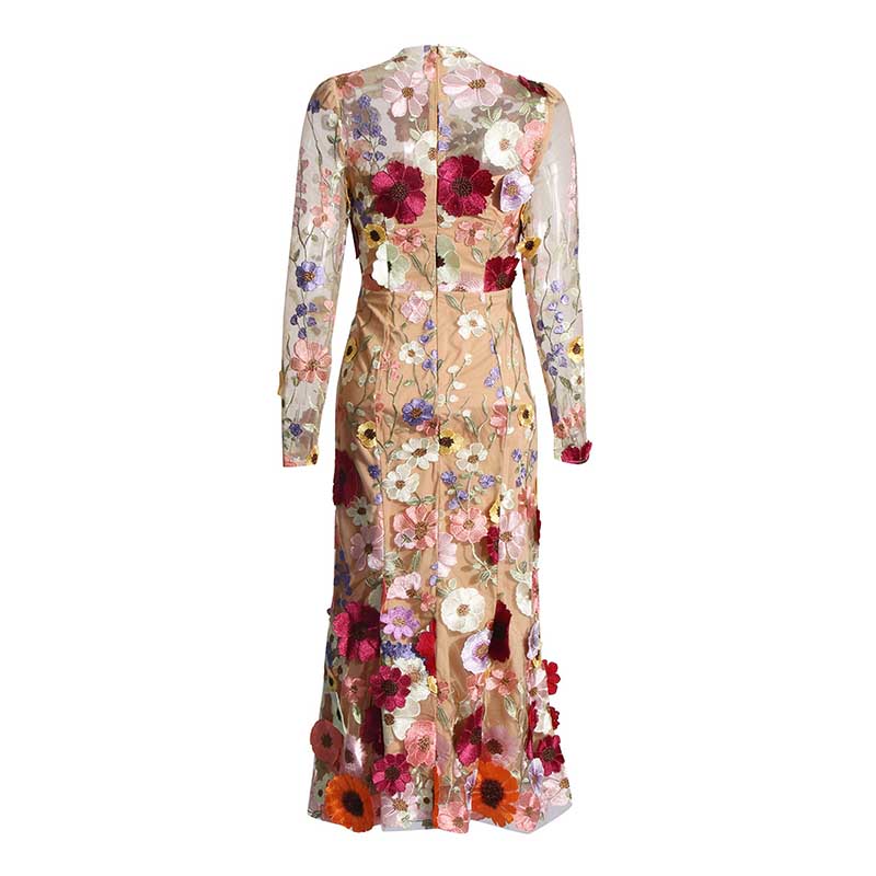 Long Sleeve Embroidered Wedding Guest Dress Floral Midi Dress
