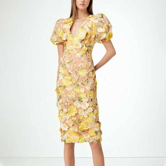 Short Sleeve Embroidered Wedding Guest Dress Floral Midi Dress