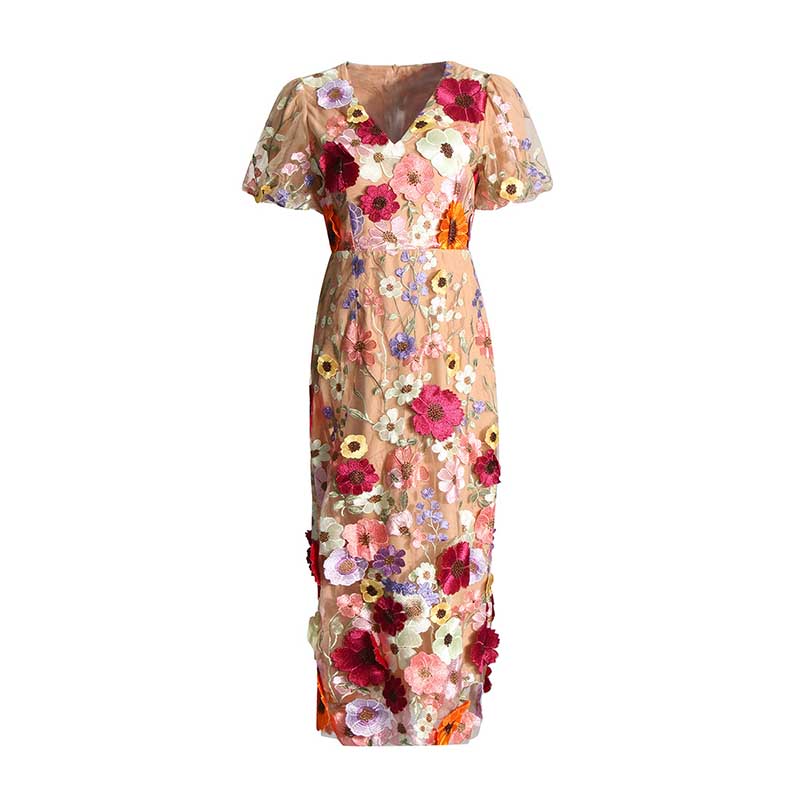 Short Sleeve Embroidered Wedding Guest Dress Floral Midi Dress
