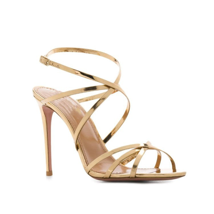 Womens Gold Strappy Heeled Sandals