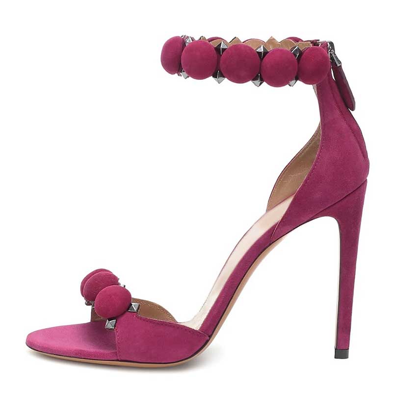 Women Open Toe High Heels Fuchsia Stiletto Studded Pumps