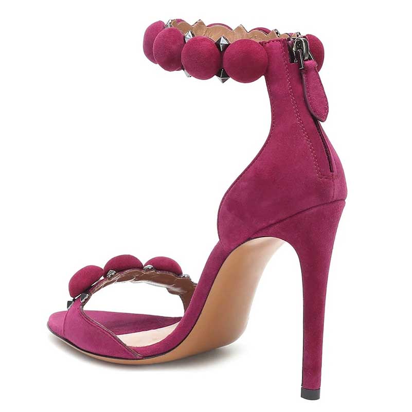 Women Open Toe High Heels Fuchsia Stiletto Studded Pumps