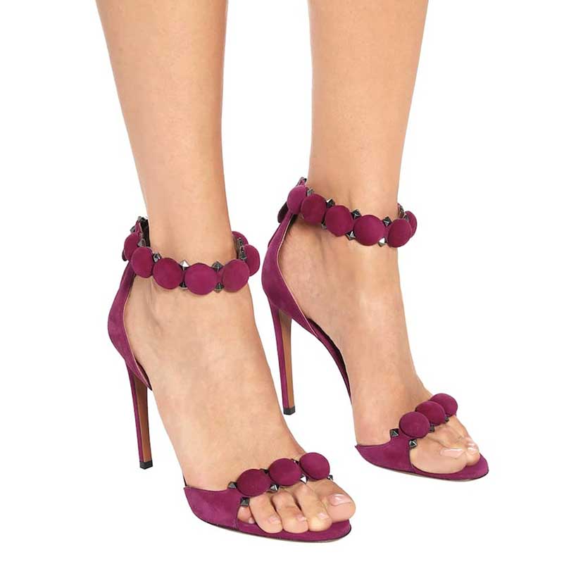 Women Open Toe High Heels Fuchsia Stiletto Studded Pumps