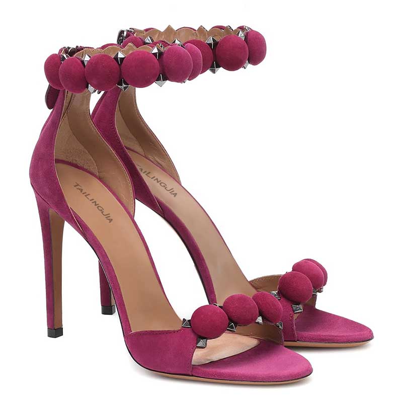 Women Open Toe High Heels Fuchsia Stiletto Studded Pumps