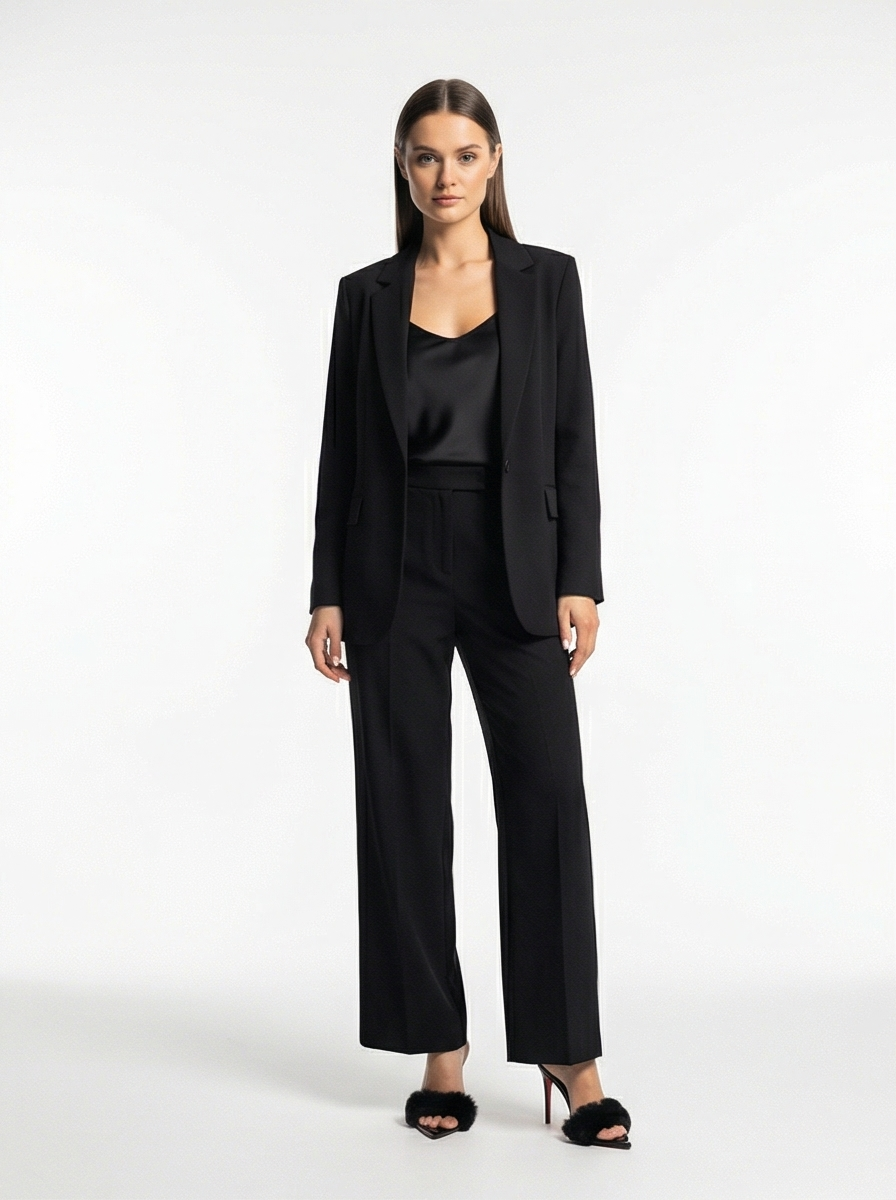 Woman wearing a black suit with black heels