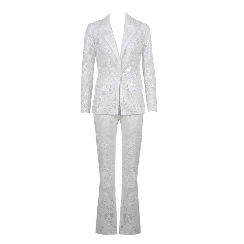 Women Wedding Pantsuit Lace Blazer Jacket + Flare Trousers Pants Suit Formal Suit