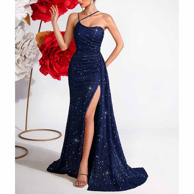 Spaghetti Strap Sequin Gown | High Split Maxi Dress for Party