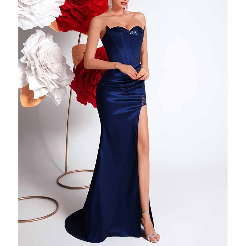 Corset Prom Dress | Sweetheart Split Formal Gown Navy Blue