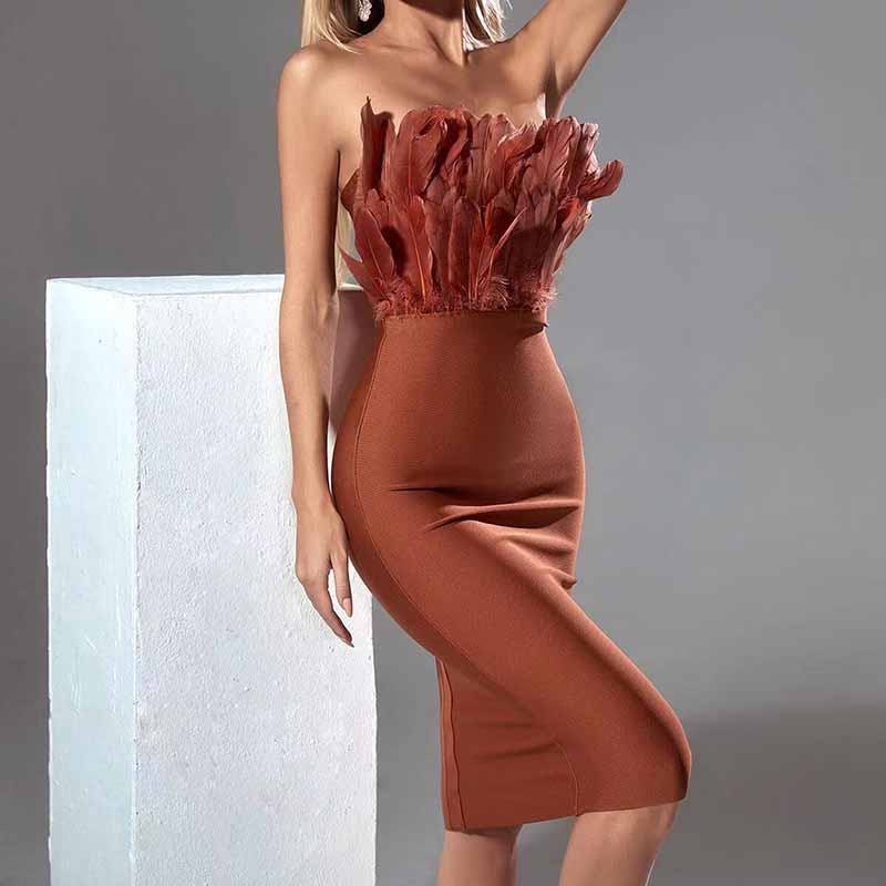 Off The Shoulder Body-con Dress Feathered Bandage Cocktail Dress