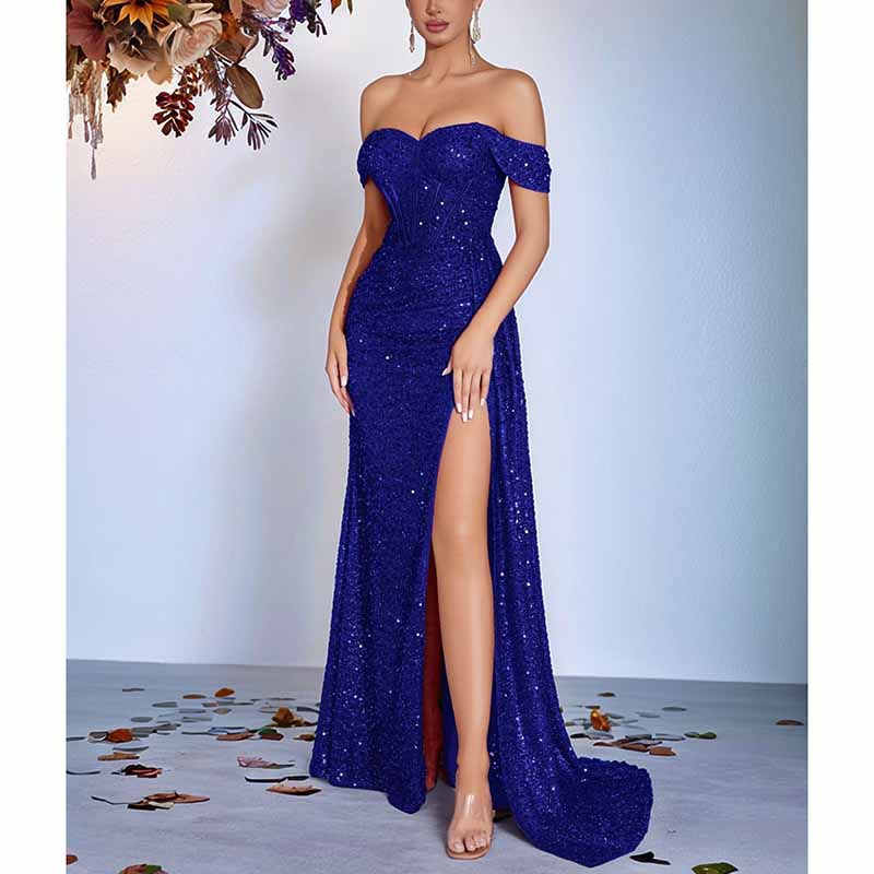 Off Shoulder Sequin Dress | High Split Long Prom Evening Gown