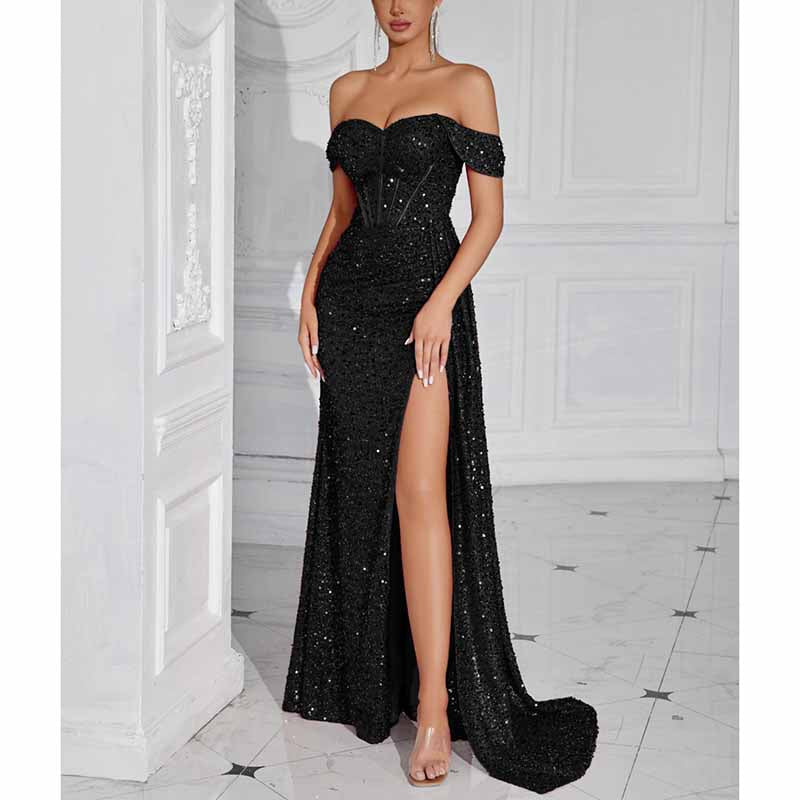 Off Shoulder Sequin Dress | High Split Long Prom Evening Gown