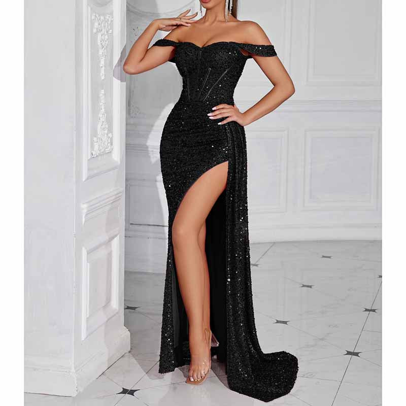 Off Shoulder Sequin Dress | High Split Long Prom Evening Gown