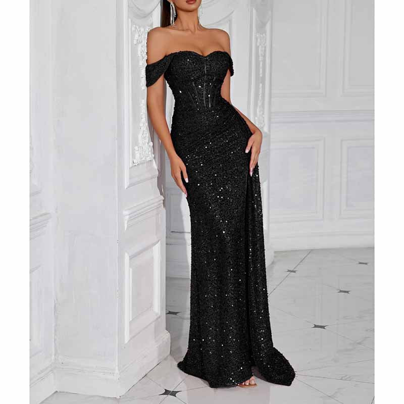 Off Shoulder Sequin Dress | High Split Long Prom Evening Gown