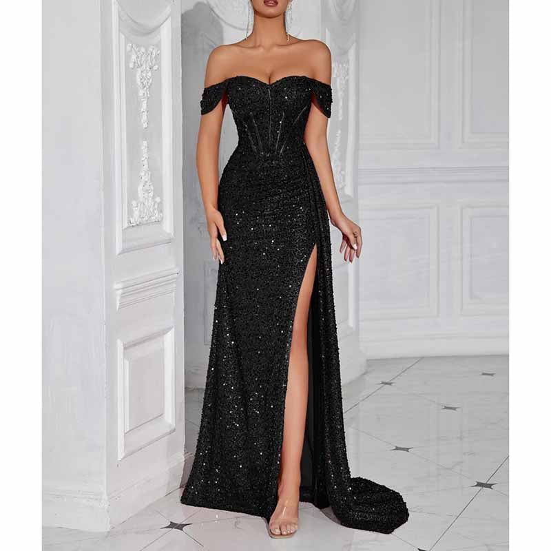 Off Shoulder Sequin Dress | High Split Long Prom Evening Gown