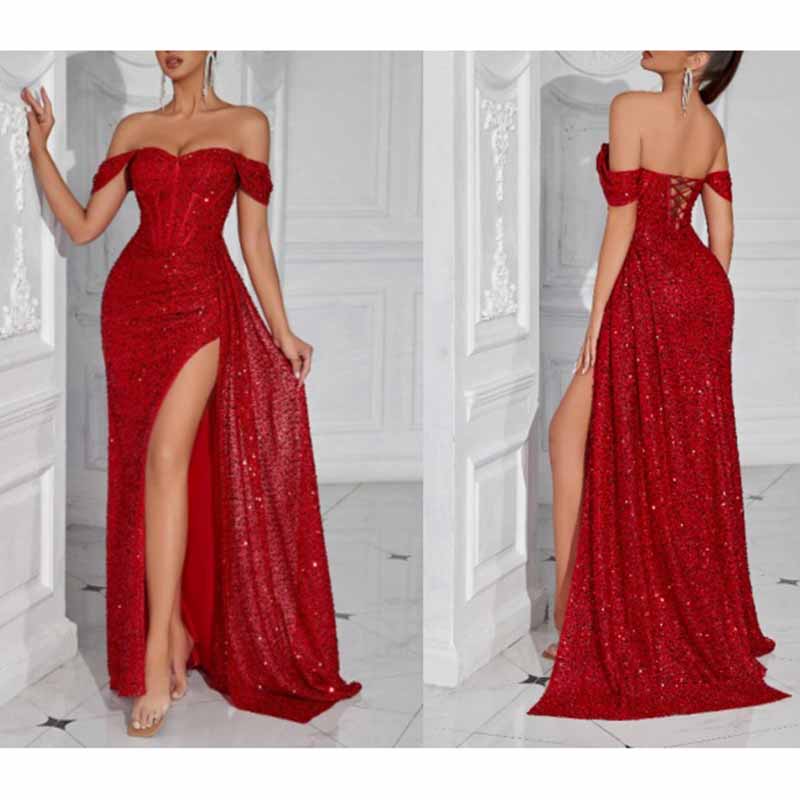 Off Shoulder Sequin Dress | High Split Long Prom Evening Gown